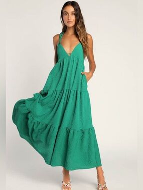Lulus| Let the Sun Beam Green Tie-Strap Tiered Midi Dress With Pockets